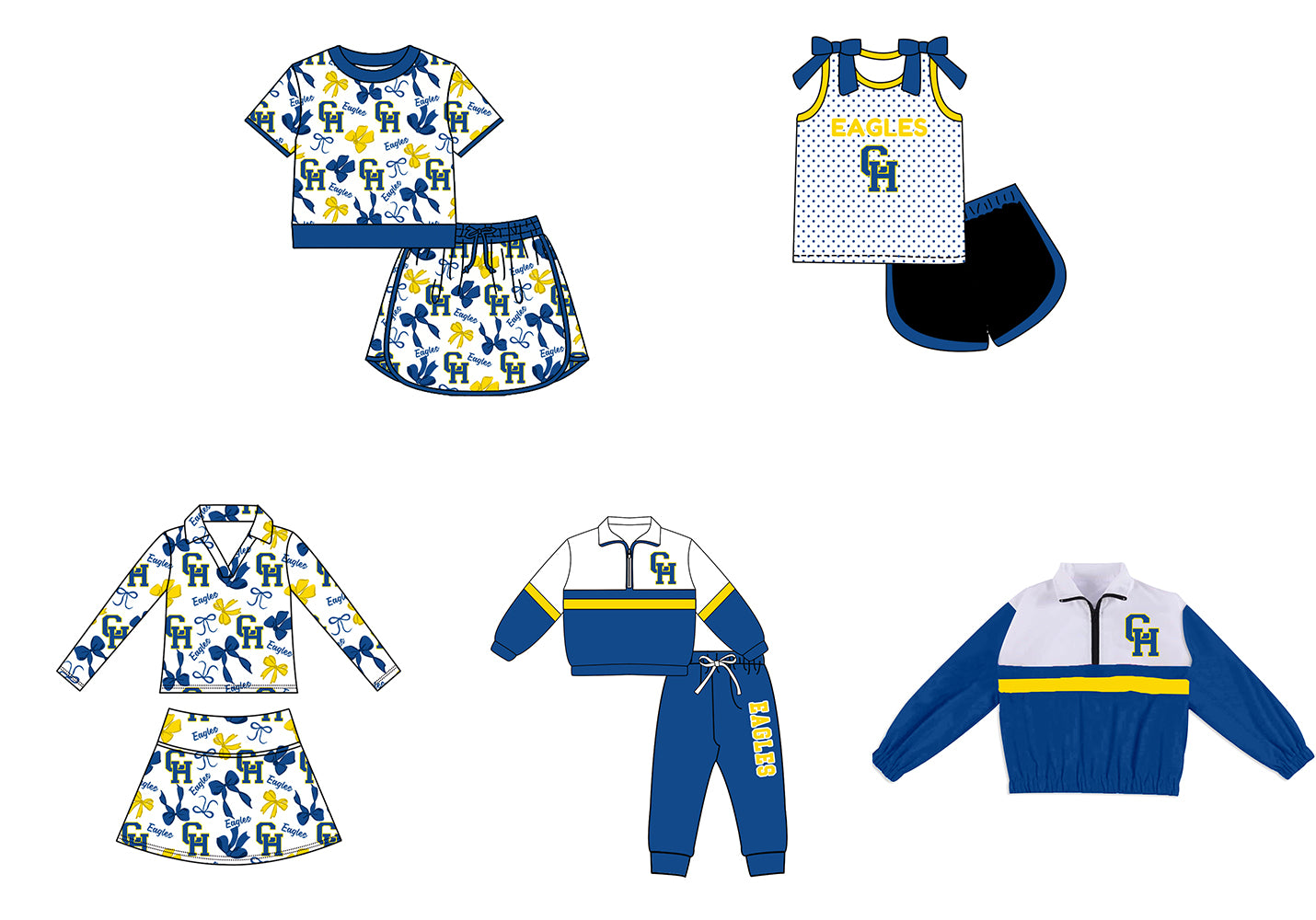 Custom moq 5 mix size milk silk summer teams Girls Polka Dot Top Shorts Set Blue Top Skirt Short Set Zipper Pullover Jogger Pants Set