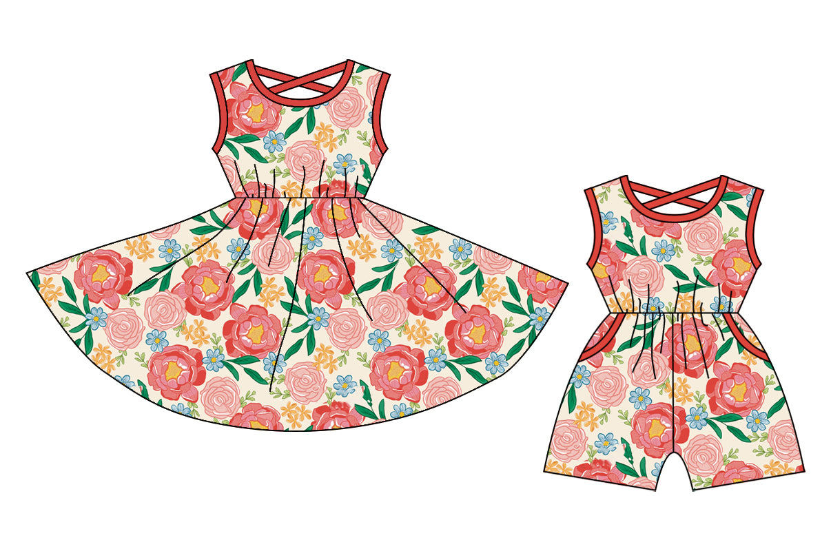 12.24 custom each style moq 5eta 4-6week Sibling Sister floral baby girl short sleeve shorts dress and jumpsuit match design