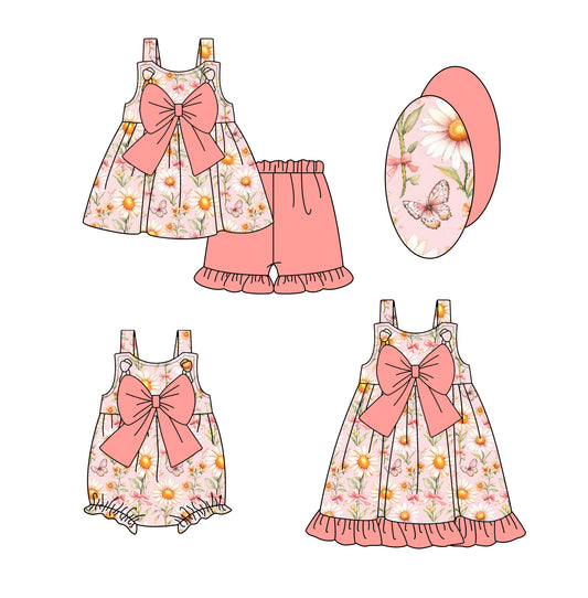 2.22 custom each style moq 5eta 4-6week Sibling Sisters floral baby girl short sleeve shorts sets and dress and rompers match family design