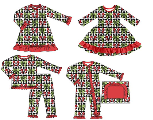 25.7.25 custom each style moq 5 eta 4-6week Sibling Sisters Christmas bow baby girl long sleeve pants sets and romper and dress 1 and dress 2 match family design