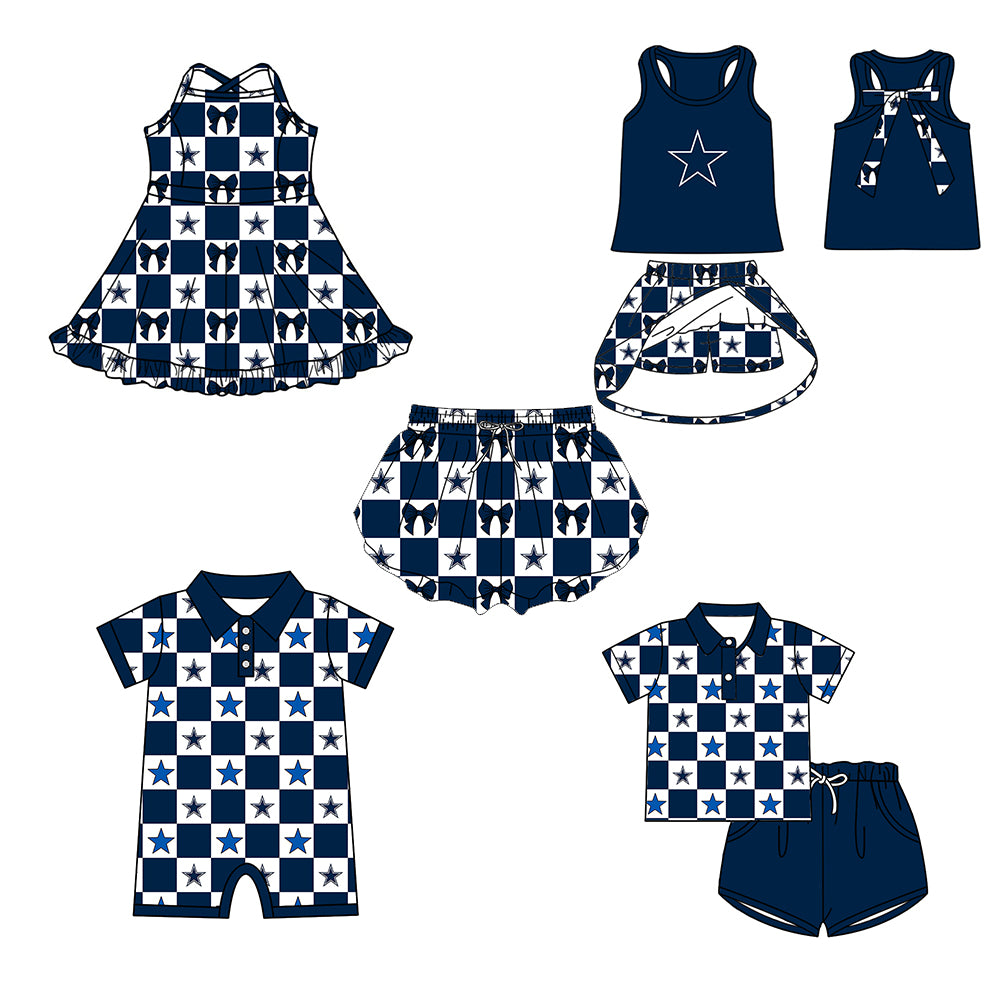 Custom moq 5 mix size milk silk summer teams Checked Baby Girl Navy Blue Sleeveless Top Skirt Short Set Dress And Shorts Yoga Outfit Boy's Top Shorts Set Romper