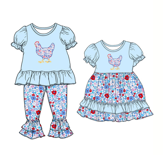 25.12.11 custom each style moq 5 eta 6-8week Sibling Sister hen floral baby short sleeve pants sets and dress match design