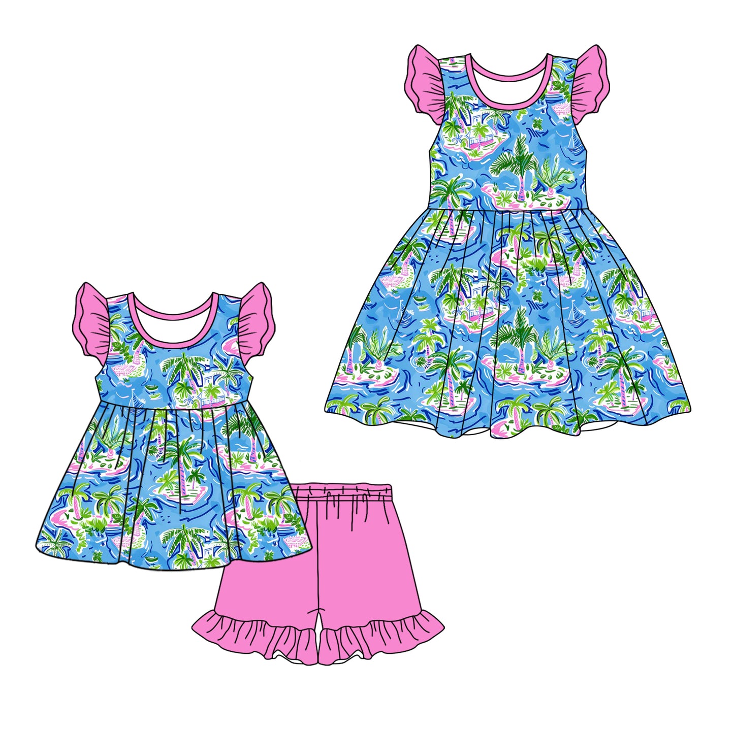 1.13 custom each style moq 5eta 4-6week Sibling Sister floral baby girl short sleeve shorts sets and dresses match design