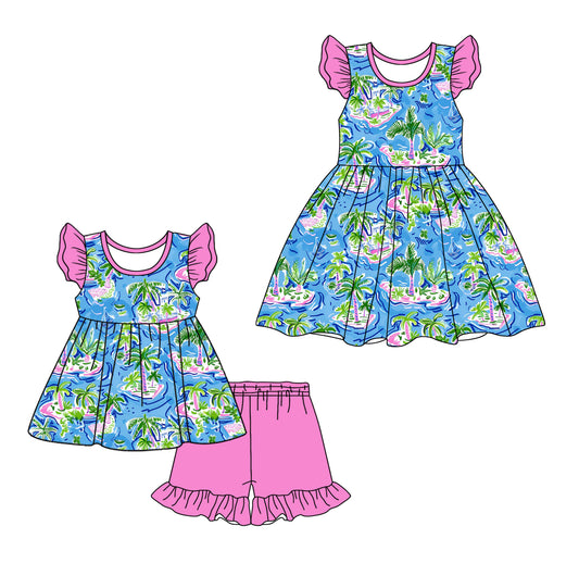 1.13 custom each style moq 5eta 4-6week Sibling Sister floral baby girl short sleeve shorts sets and dresses match design