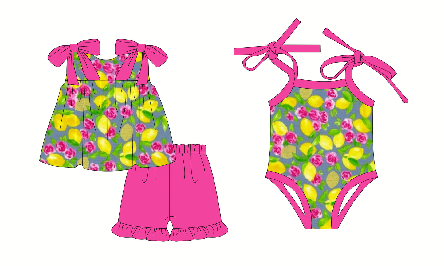3.1 custom each style moq 5eta 4-6week Sibling Sister lemon floral baby girl short sleeve shorts sets and romper match design