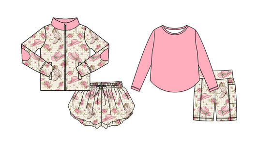 25.8.30 custom each style moq 5eta 4-6week Sibling Sisters floral boot hat pink baby girl long sleeve shorts sets and skirts sets match family design