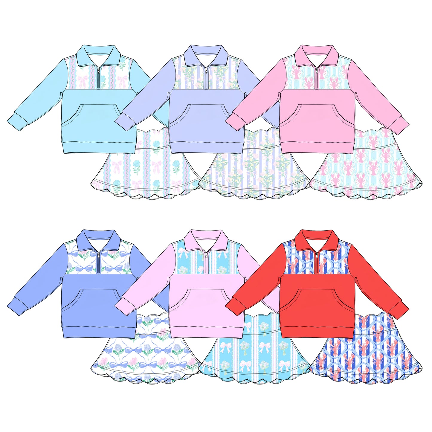 4.13 Custom moq 5 mix size Sibling Baby Girls Bow Long-Sleeved Zip-Up Top with Pockets Scallop Short Skirt Set