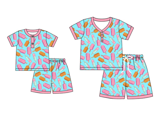4.19 custom each style moq 5eta 4-6week Sibling Sister ice cream short sleeve shorts sets and adult sets match design