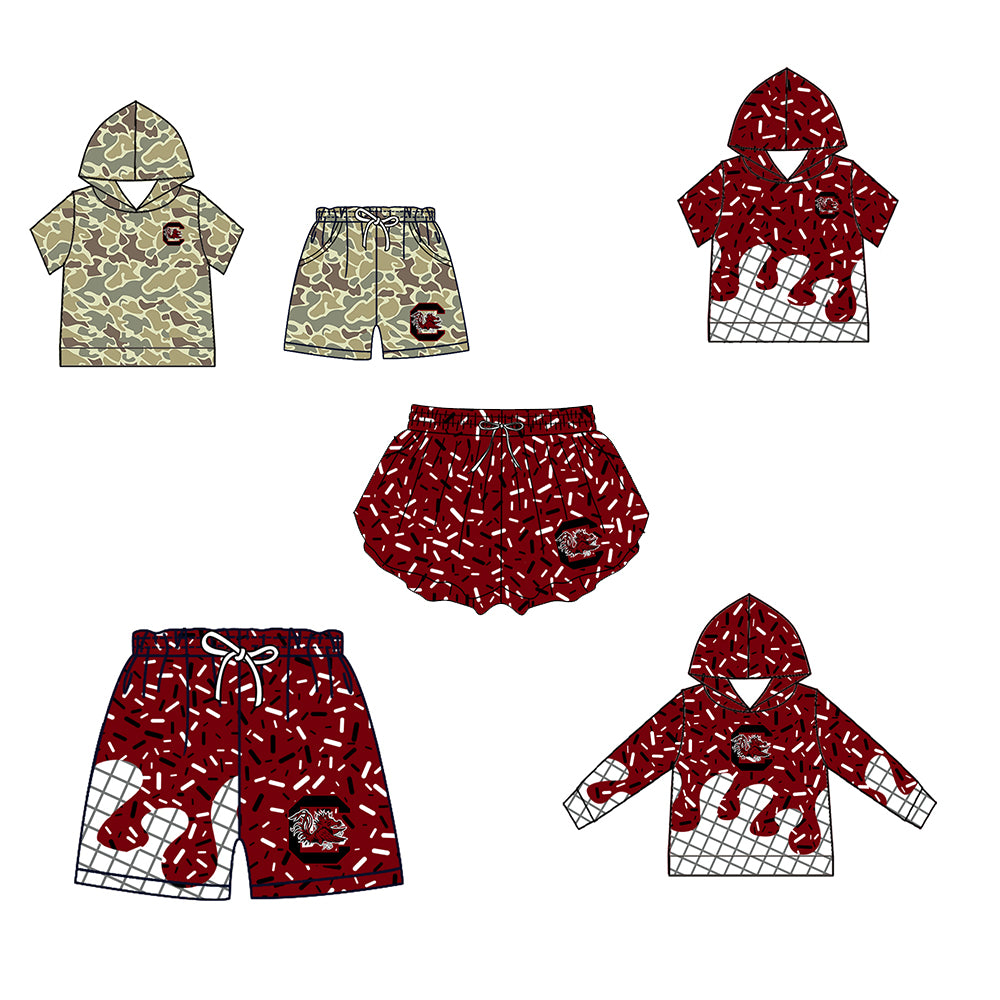 Custom moq 5 mix size milk silk summer teams Baby Camo Hooded Short Sleeve Top and Shorts Set Ice Cream Drips Dark Red Hooded Top with Matching Shorts