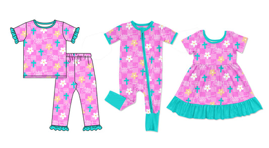 25.10.18 custom each style moq 5 eta 6-8week Sibling Sisters easter floral baby girl short sleeve pants sets and dress and rompers match family design