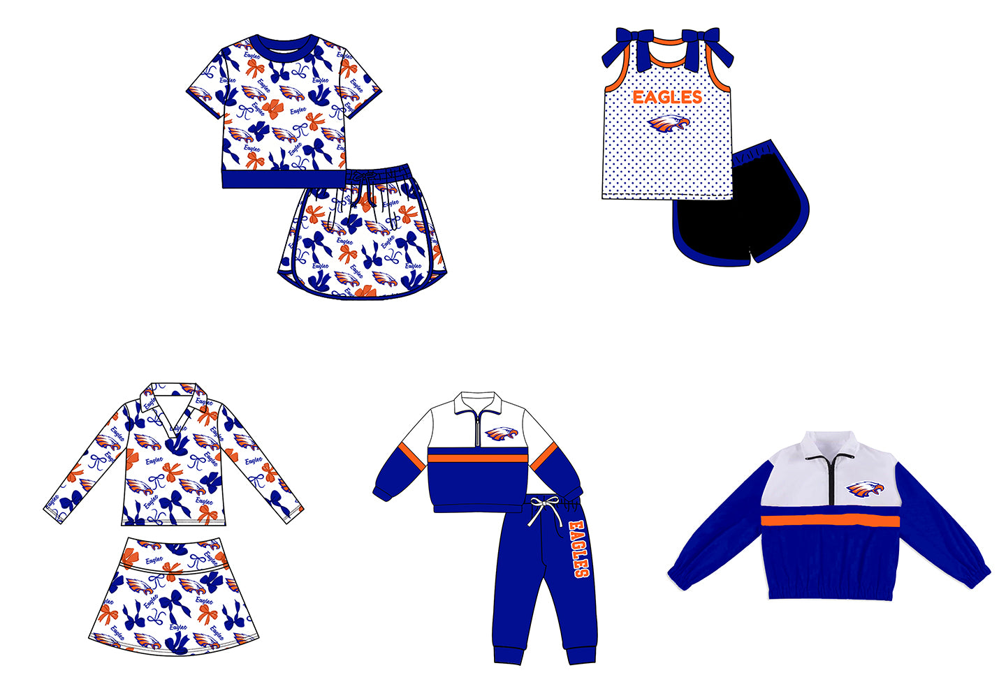 Custom moq 5 mix size milk silk summer teams Girls Polka Dot Top Shorts Set Top Skirt Short Set Zipper Pullover Jogger Pants Set Blue Pullover Tops