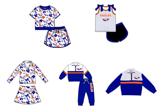 Custom moq 5 mix size milk silk summer teams Girls Polka Dot Top Shorts Set Top Skirt Short Set Zipper Pullover Jogger Pants Set Blue Pullover Tops