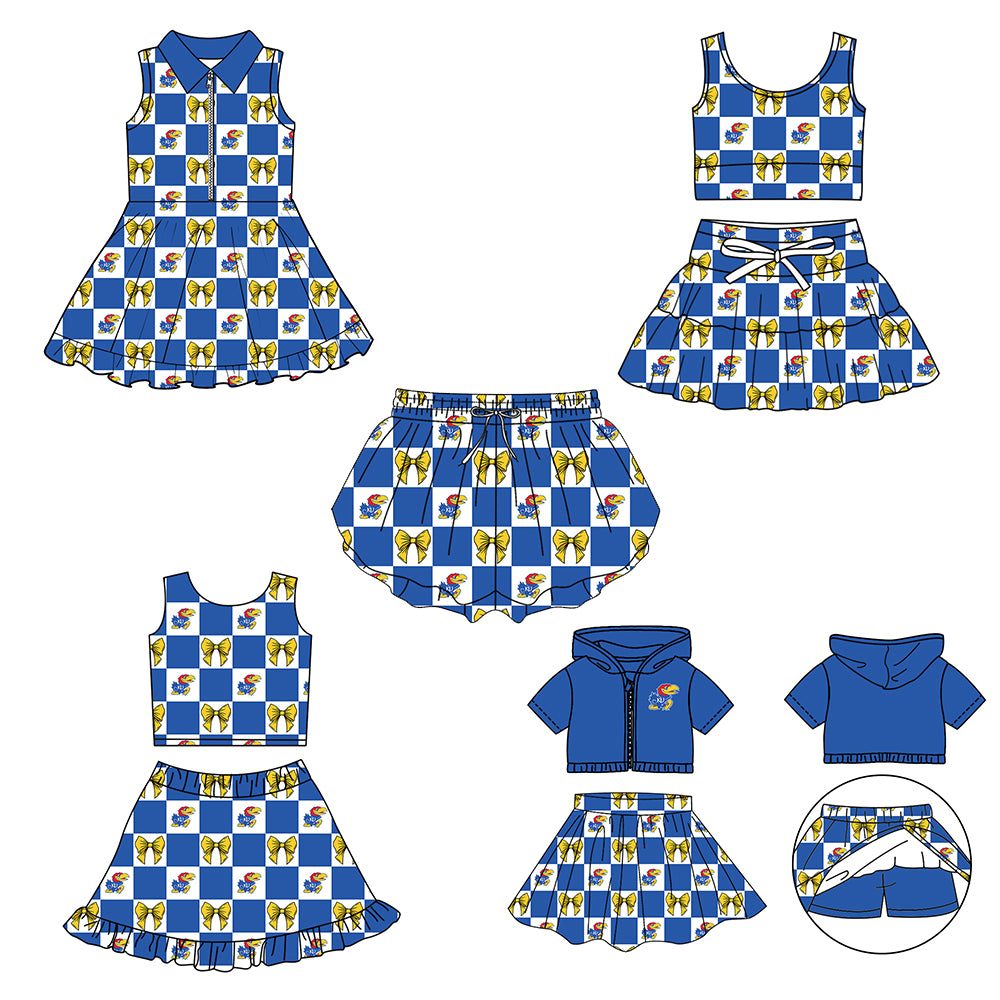Custom moq 3 or 5 mix size milk silk summer teams baby girl clothes bow blue sleeveless skirts sets 3 and dresss and shorts-26.1.24