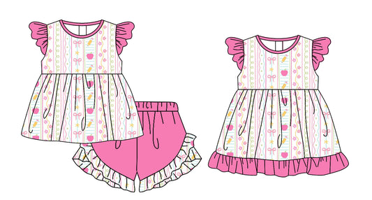 25.12.30 custom each style moq 5 eta 6-8week Sibling Sister bow baby short sleeve shorts sets and dress match design