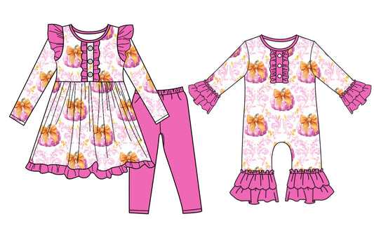 25.6.26 custom each style moq 5eta 4-6week Sibling Sisters pumpkin bow baby girl long sleeve pants sets and rompers match family design