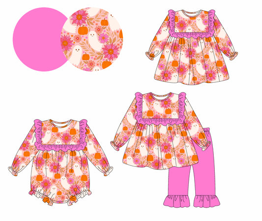 25.5.13 custom each style moq 5eta 4-6week Sibling Sisters ghost floral baby girl long sleeve pants sets and dress and rompers match family design