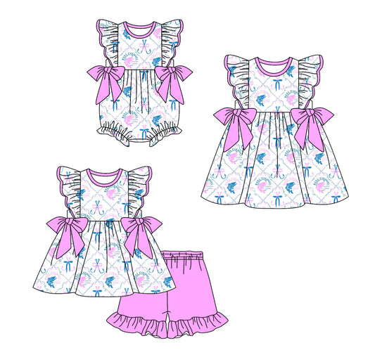 4.21 custom each style moq 5eta 4-6week Sibling Sisters bow baby girl short sleeve shorts sets and dress and rompers match family design
