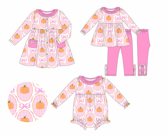 25.6.3 custom each style moq 5eta 4-6week Sibling Sisters pumpkin bow pink baby girl long sleeve pants sets and dress and rompers match family design