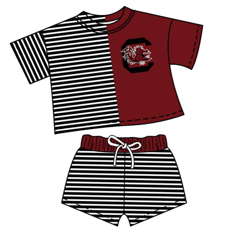 Custom moq 5 mix size milk silk summer teams Children's Dark Red Striped Outfit Set Short-Sleeved Crew Neck Top And Drawstring Shorts for Kids