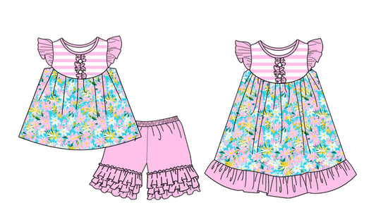 3.11 custom each style moq 5eta 4-6week Sibling Sister floral baby girl short sleeve shorts sets and dresses match design
