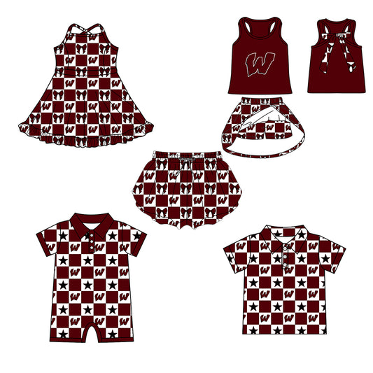 Custom moq 5 mix size milk silk summer teams Baby Girl Dark Red Sleeveless Top Skirts Set Dress And Shorts Yoga Checked Outfit Boy's Checked Short-Sleeved Polo Shirt And Romper