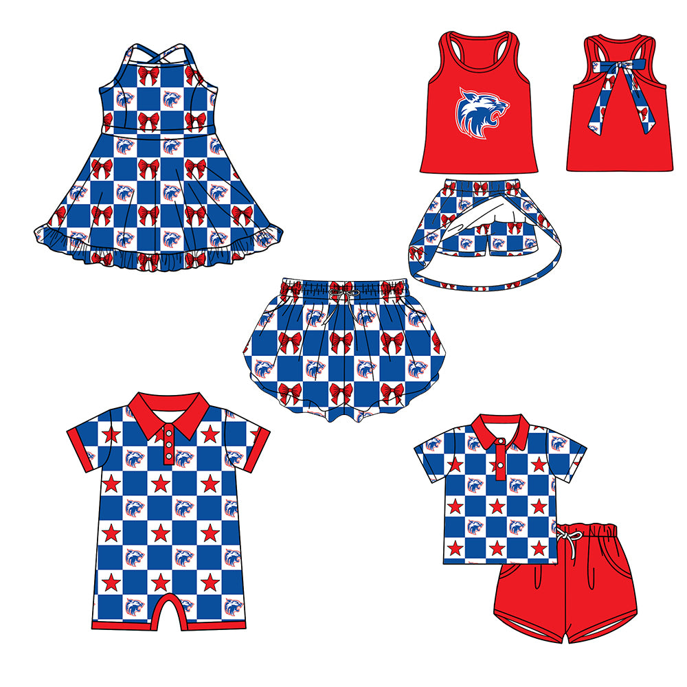 Custom moq 5 mix size milk silk summer teams Blue Checked Bows Baby Girl Sleeveless Red Top Skirt Short Set Dress And Shorts Yoga Outfit Boy's Top Shorts Set Romper