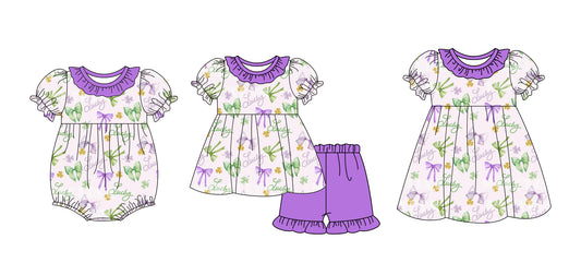 12.7 custom each style moq 5eta 4-6week Sibling Sister LUCKY bow baby girl short sleeve shorts sets and dress and rompers match family design