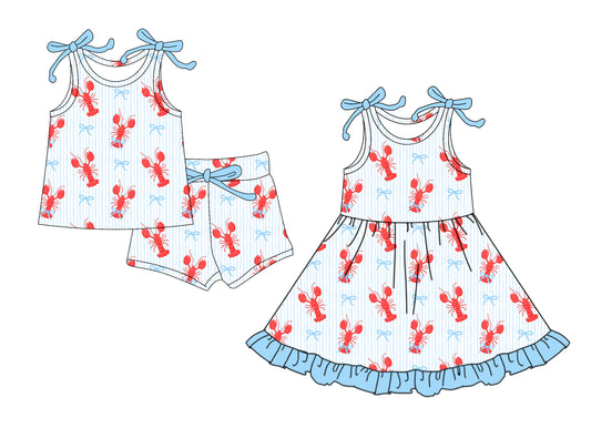 25.12.8 custom each style moq 5 eta 6-8week Sibling Sister lobster bow baby short sleeve shorts sets and dress match design