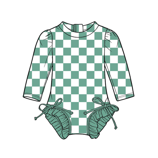 Custom moq 5 mix size milk silk summer teams Baby Girl's Green Plaid Long-Sleeved Onesie Swimsuit