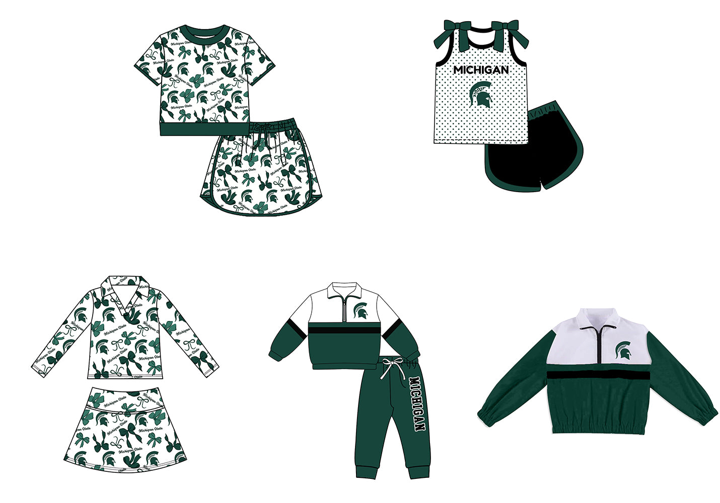 Custom moq 5 mix size summer teams Girls Green Polka Dot Top Shorts Set Bows Print Top Skirt Set Zipper Pullover Pants Set