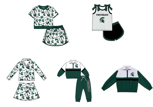 Custom moq 5 mix size summer teams Girls Green Polka Dot Top Shorts Set Bows Print Top Skirt Set Zipper Pullover Pants Set