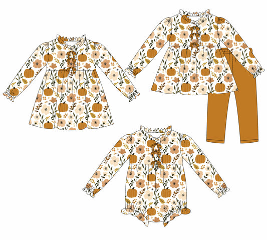 25.7.28 custom each style moq 5eta 4-6week Sibling Sisters pumpkin baby girl long sleeve pants sets and dress and rompers match family design
