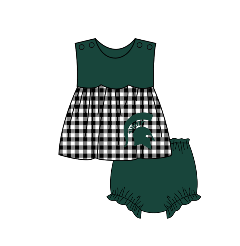 Custom moq 5 mix size milk silk summer teams baby girl boys clothes Green Black and white checkered short sleeve shorts sets 3 and dress and rompers 2 series