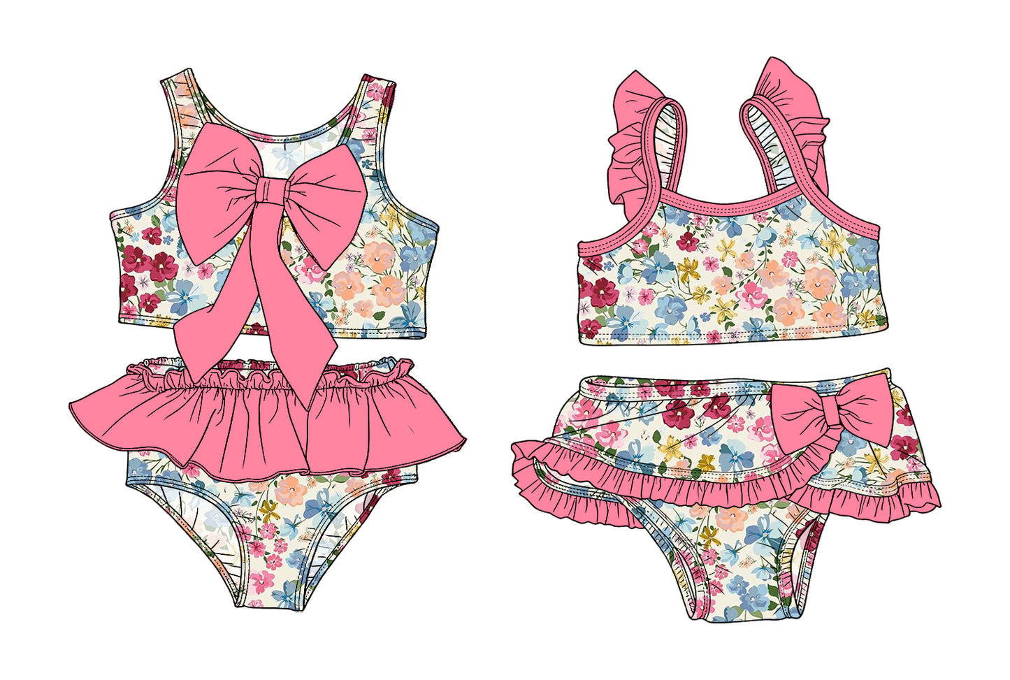 3.14 Custom moq 5 mix size Sibling Baby Girls Colorful Flowers Sleeveless Top With Bow Bummies Two-Piece Set Infant Swimwear