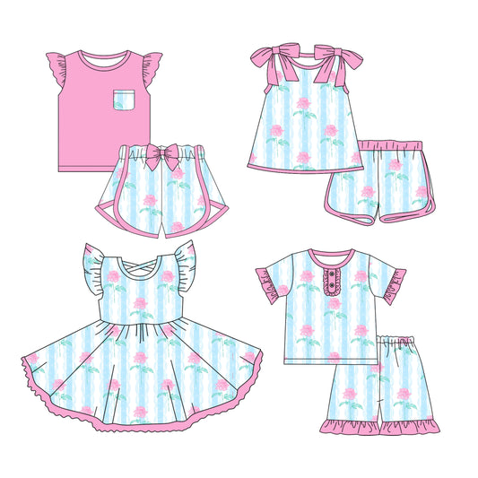 3.12 custom each style moq 5eta 4-6week Sibling Sister floral baby girls short sleeve set and set 2 and sets 3 and dress match design