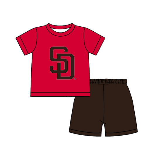 Custom moq 5 mix size milk silk summer teams Baby Boy's red   Short-Sleeved O-Neck Top And solid color Shorts Set