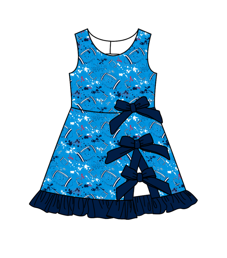 Custom moq 5 mix size milk silk summer teams Baby Girls Sleeveless Football Print Bow Ruffle Yoga Knee Length Dresses