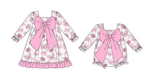 25.9.3 custom each style moq 5eta 4-6week Sibling Sisters love bow floral baby girl long sleeve dress and rompers match family design