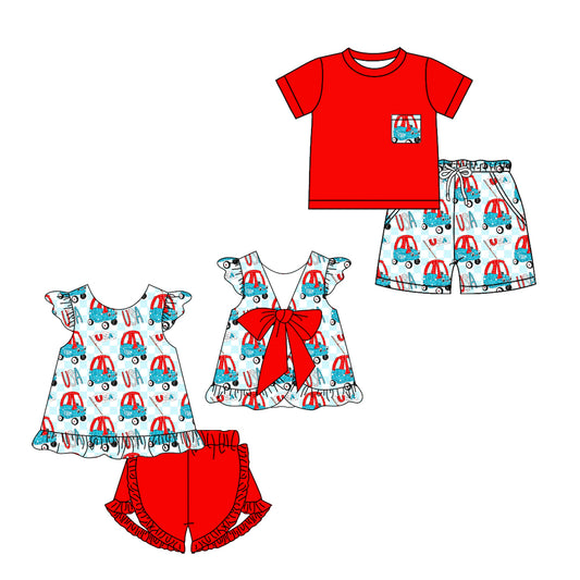 Custom moq 5 mix size Sibling Baby Girl's Plaid Top And Shorts Set with Flutter Sleeves Baby Boy's Matching Outfit 4th of July Set