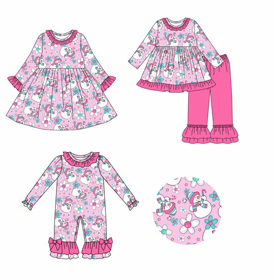 25.7.24 custom each style moq 5eta 4-6week Sibling Sisters snowman baby girl long sleeve pants sets and dress and rompers match family design
