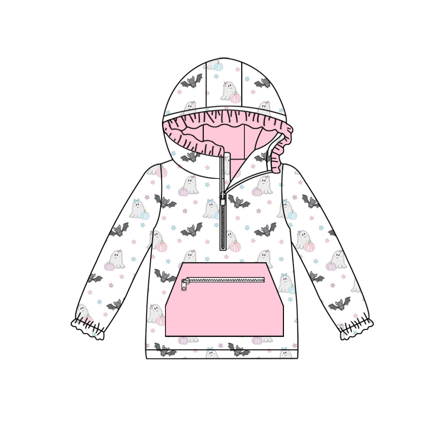 6.8 custom each style moq 5 eta 4-6week Sibling Sister pumpkin girls top 1 and bat ghost pink girls top 2 hooded long sleeve top