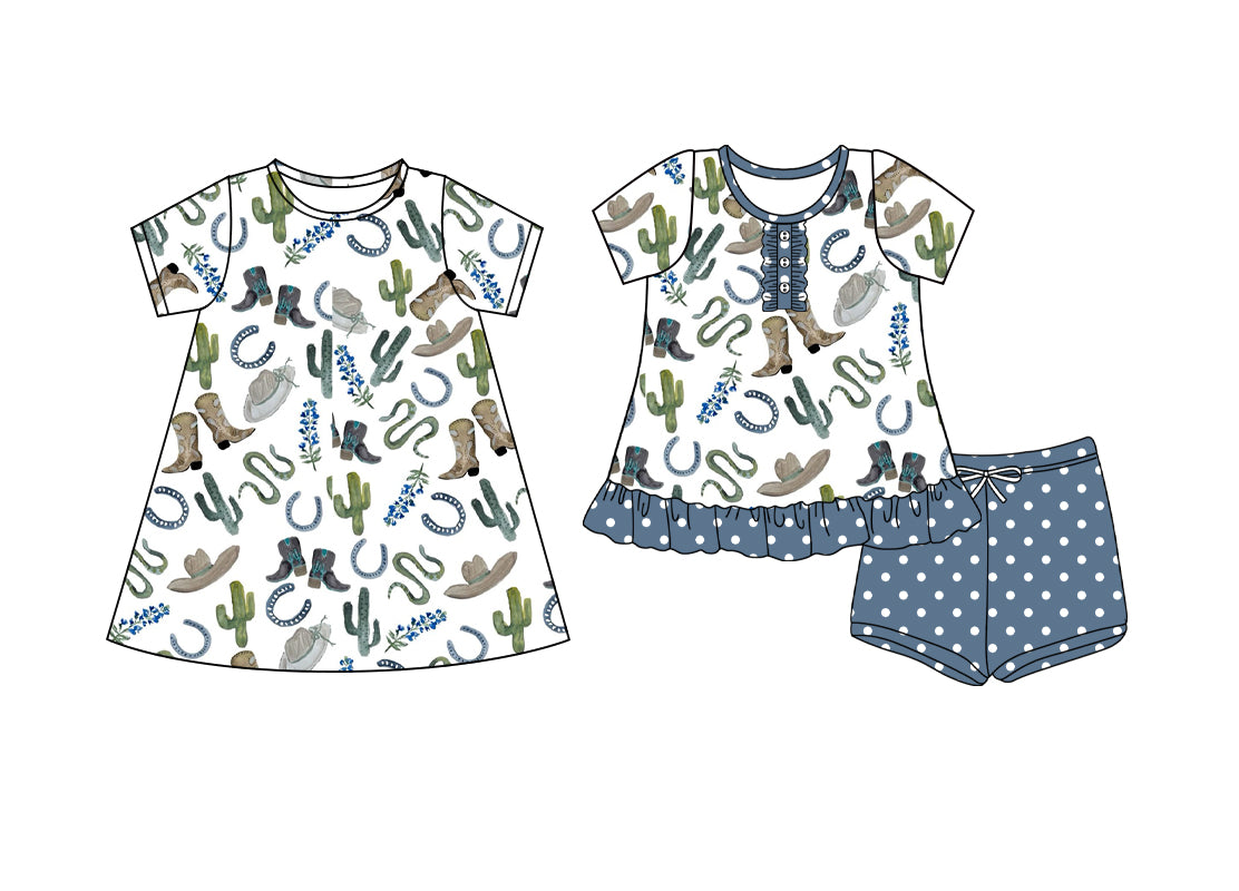 4.8 custom each style moq 5eta 4-6week Sibling Sister catcus boots baby girl short sleeve shorts sets and dresses match design