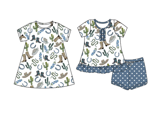 4.8 custom each style moq 5eta 4-6week Sibling Sister catcus boots baby girl short sleeve shorts sets and dresses match design