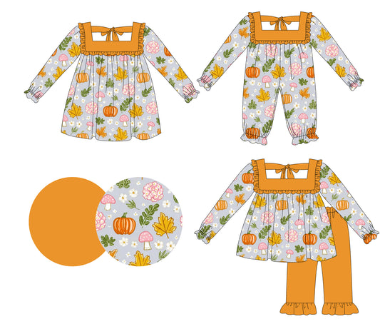 25.6.13 custom each style moq 5eta 4-6week Sibling Sisters pumpkin floral baby girl long sleeve pants sets and dress and rompers match family design
