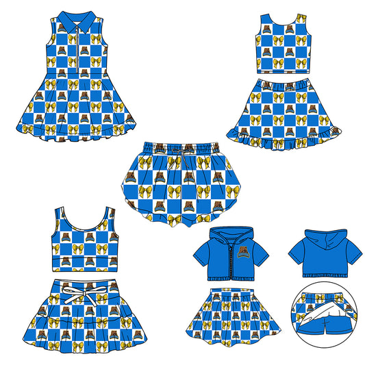 Custom moq 5 mix size Milk Silk Summer Girls' Set Animal Bow Print Plaid Sleeveless Skirt Three-Piece Set including a dress and shorts