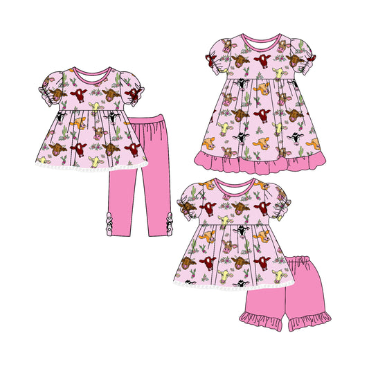 4.26 custom each style moq 5eta 4-6week Sibling Sisters cow head baby girl short sleeve shorts sets and pants sets and dress match family design