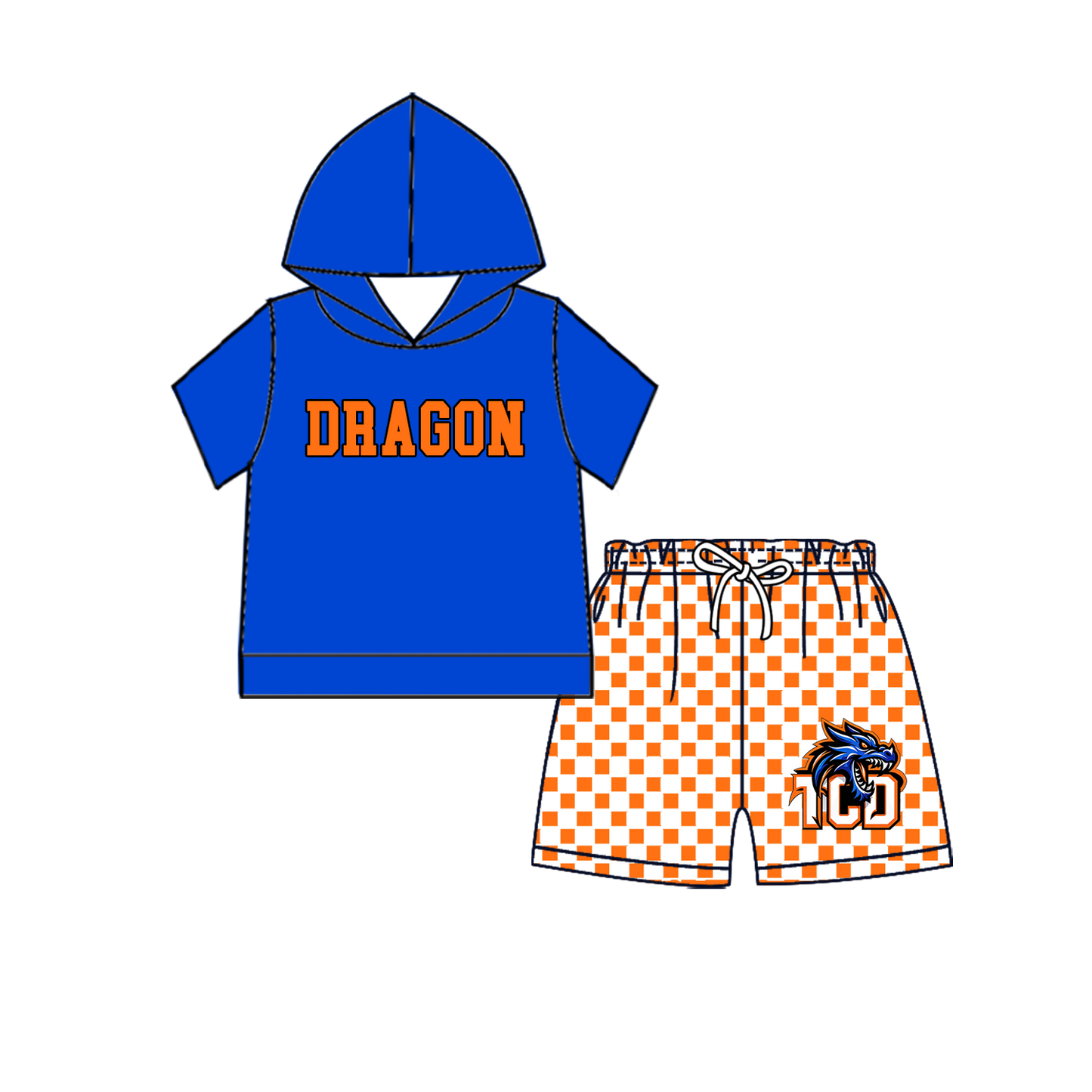 custom moq 5 mix size MSD071006 Baby Kids Short Sleeve Hooded Top Checked Elastic Waist Shorts Team Clothes Set