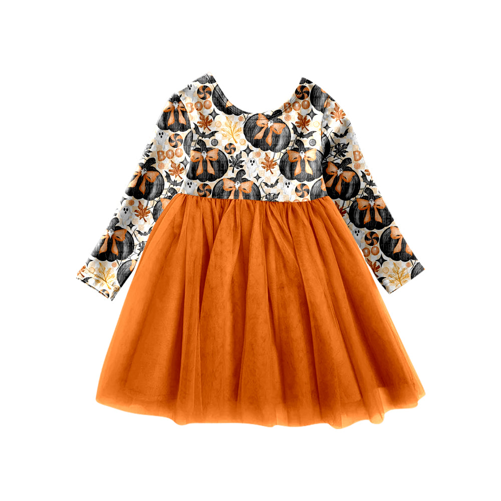 6.10 custom each style moq 5eta 4-6week baby girls clothes pumpkin bow orange long sleeve girls dress