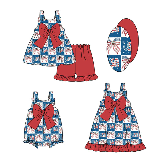 3.18 custom each style moq 5eta 4-6week Sibling Sisters USA bow baby girl short sleeve shorts sets and dress and rompers match family design