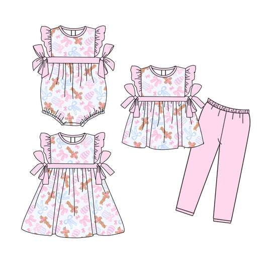 25.9.25 custom each style moq 8 eta 6-8week Sibling Sisters Easter bow baby girl short sleeve pants sets and dress and rompers match family design